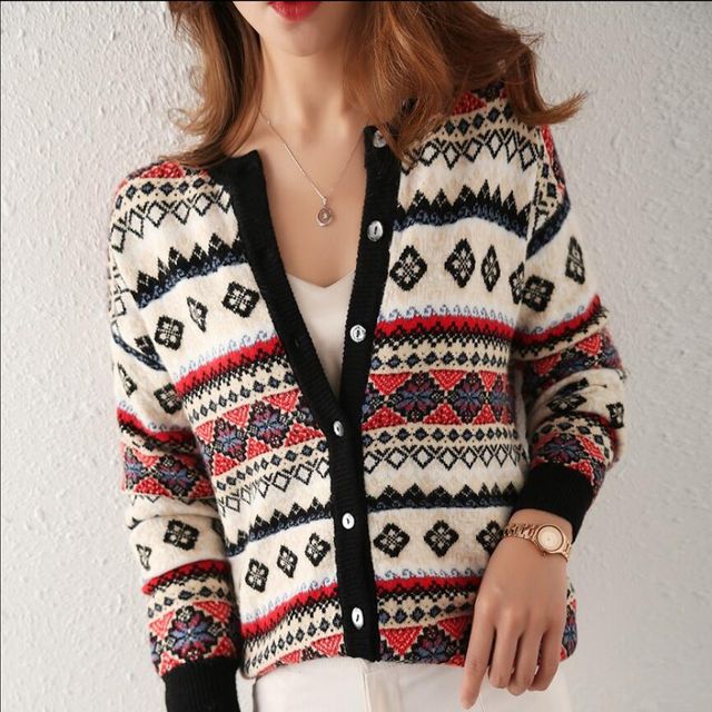 [해외] 여성 몽골풍 니트 카디건 스웨터 라운드넥 배색무늬