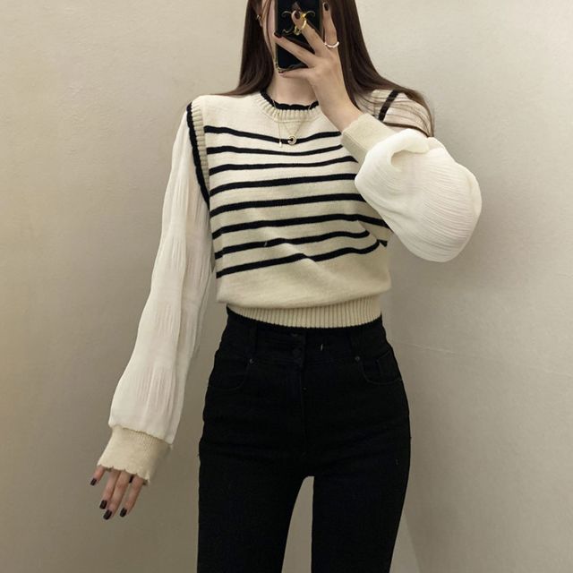 단가라 니트 조끼 플리츠 블라우스 DK-1003454