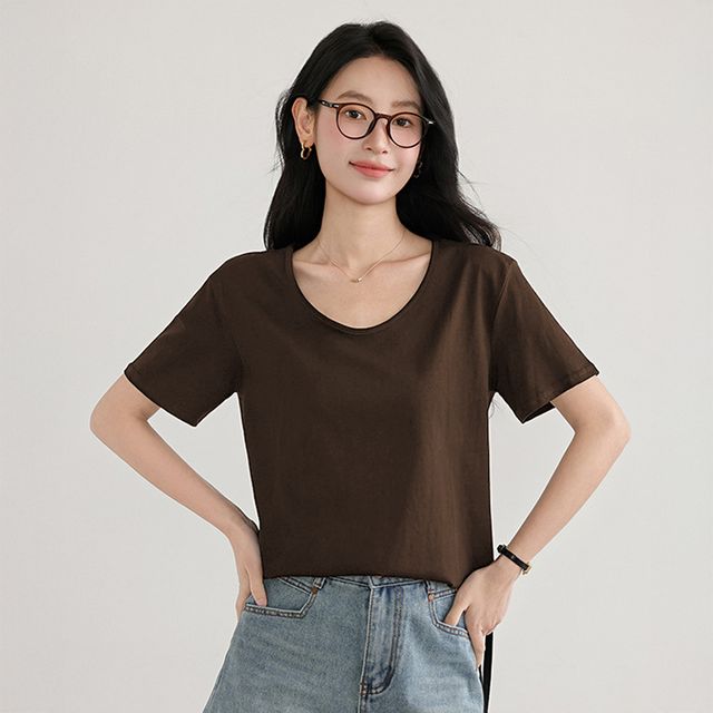 여성 반팔티 기본 여름 티셔츠 옆 절개 U넥 상의