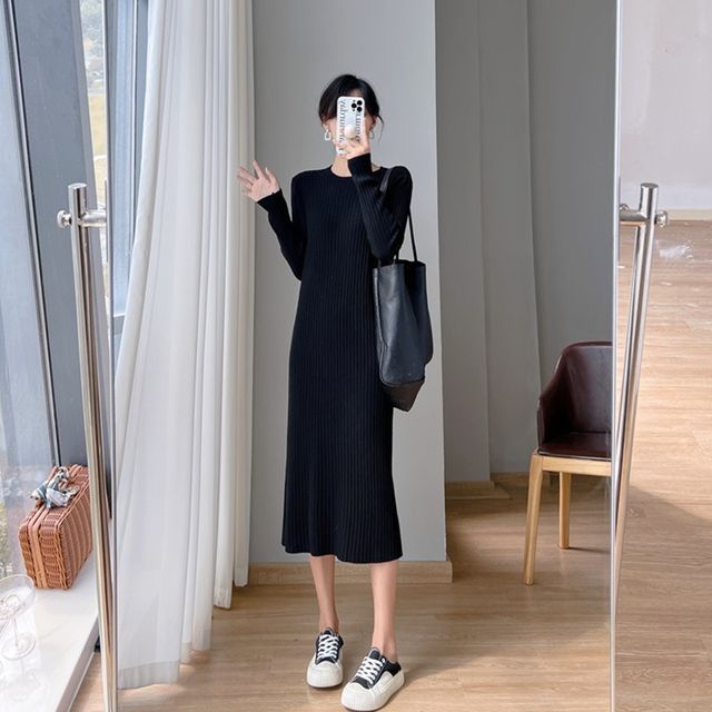 골지 라운드넥 니트 롱 원피스 임산부 루즈핏 데일리