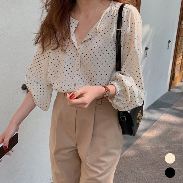 여성 라운드넥 도트 밴딩 블라우스 URK-381