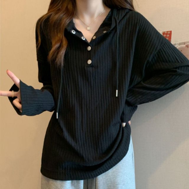 골지 텍스처 버튼 후드 티셔츠 JSC-1004246