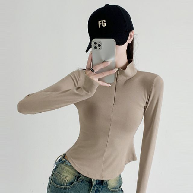 슬림핏 세미 크롭 지퍼 여성 티셔츠 OSM-1006227