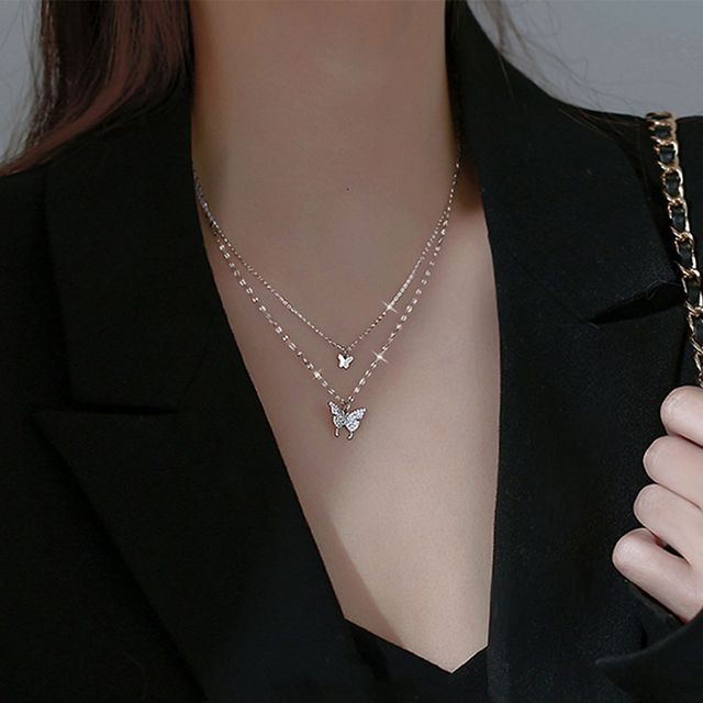 2줄 나비 믹스 체인 목걸이 큐빅 나비 목걸이