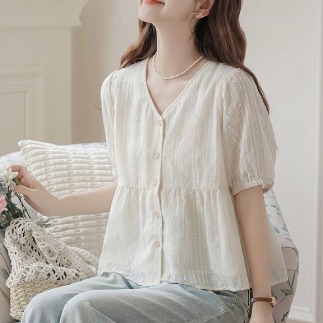 브이넥 자수 플레어 블라우스 LL-1002543