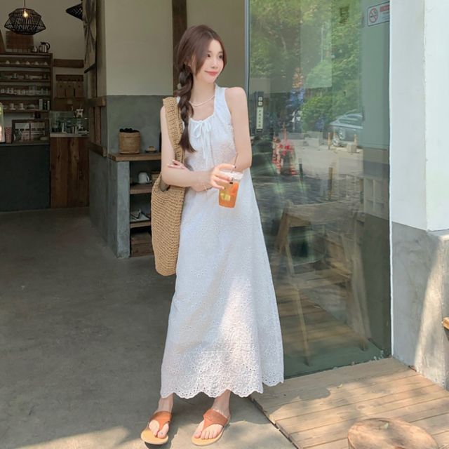 민소매 펀칭 스트링 리본 원피스 LL-D177