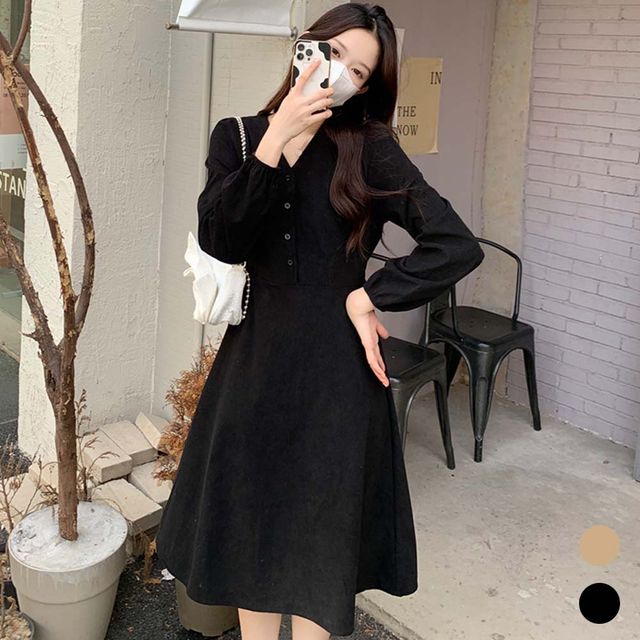 여자 브이넥 코듀로이 허리끈 긴팔 원피스 URK-1004045