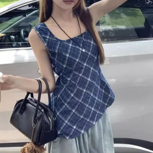 백오픈 블루 체크 민소매 블라우스 JSC-1002621