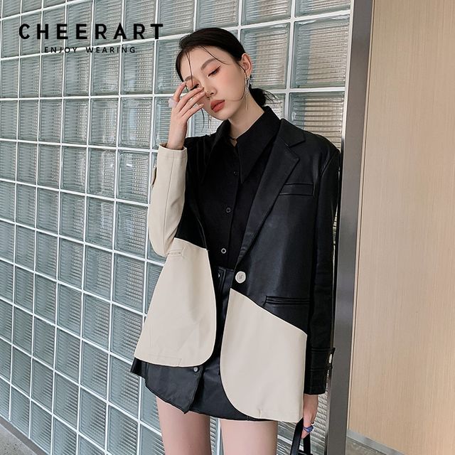 [해외] CHEERART 블랙 패치 워크 가죽 디자이너 코트와 여성