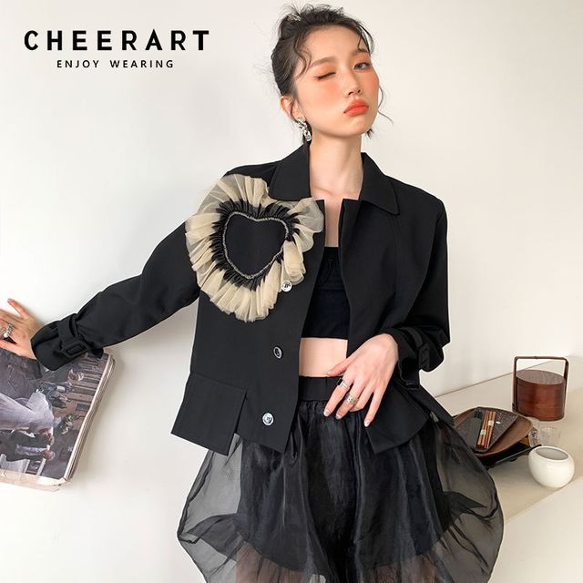 [해외] CHEERART-하트 메쉬 블랙 크롭 재킷 여성용 한국 패