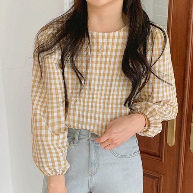 벌룬소매 체크 블라우스 OSM-1007039