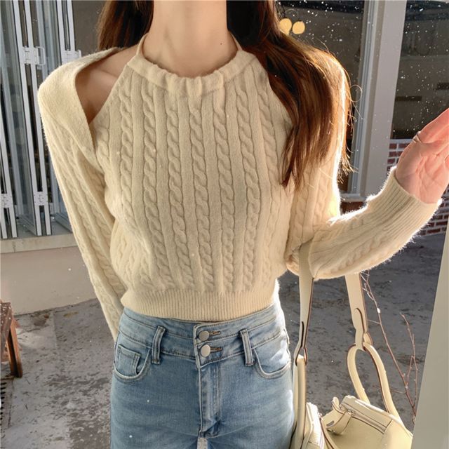 볼레로 꽈배기 홀터넥 니트 티셔츠 JSC-d0093