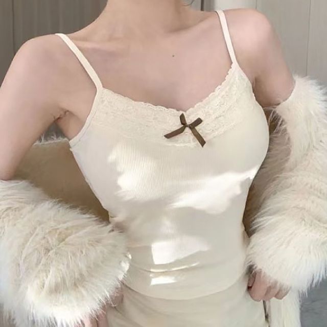 레이스 리본 패드내장 슬림 크롭 끈나시티 NF-29