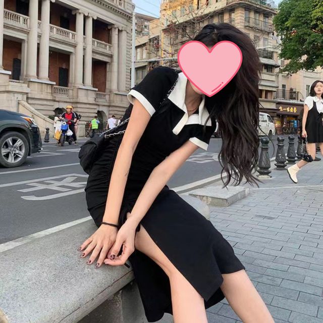 카라 포인트 옆셔링 반팔 배색 원피스 JSC-d0115 JSC-d0115