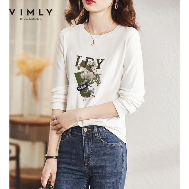 [해외] VINLY 화이트 티셔츠 여성 가을 2021 긴 소매 오목 목