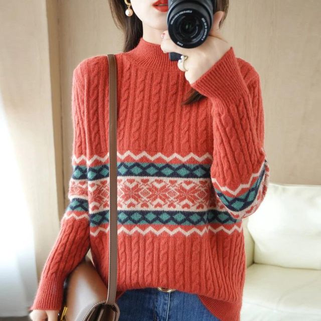 [해외] 니트 보터밍 스웨터 여성용 하프 하이넥 풀오버 복고