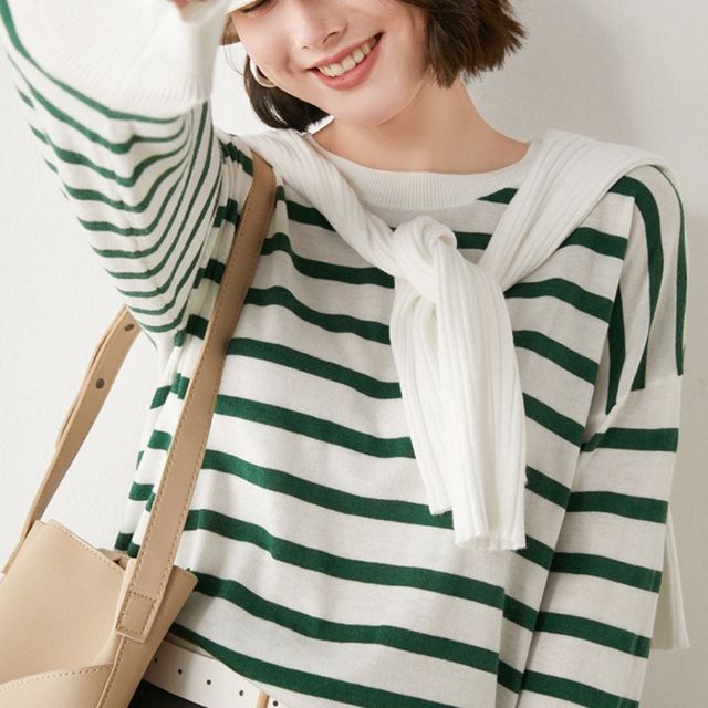 여성 스트라이프 라운드넥 긴팔 니트 티셔츠 루즈핏