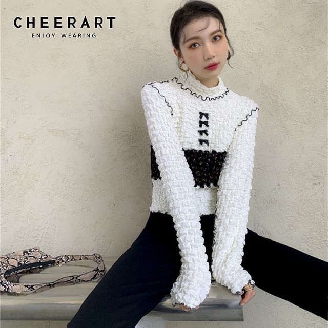 [해외] CHEERART-여성용 패션 화이트 터틀넥 상의 및 블라우
