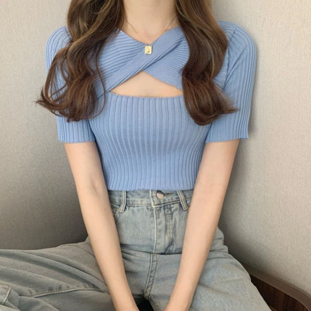 여성 골지 반팔티 꼬임 슬림 여름 크롭 니트 티셔츠