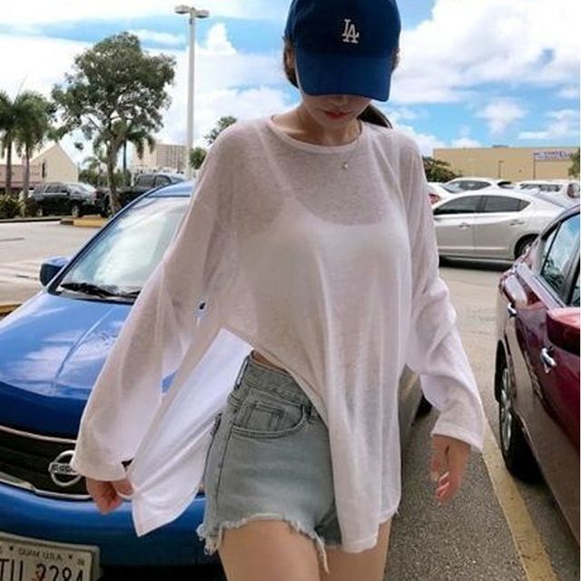 사이드 트임 시스루 티셔츠 비치웨어 여름 긴팔티