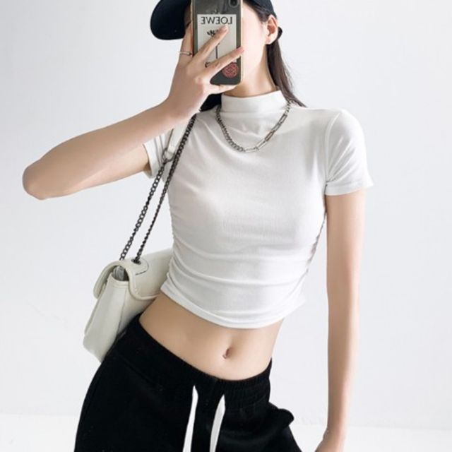 여성 셔링 크롭 반팔티 슬림핏 골지 여름티 SWC-1006546