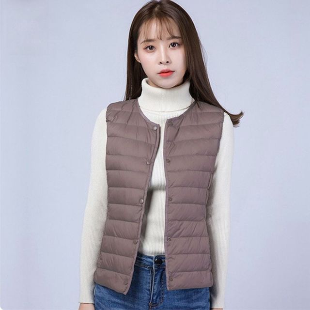 여자 방한 경량 패딩 조끼 브이라운드넥 듀얼코디