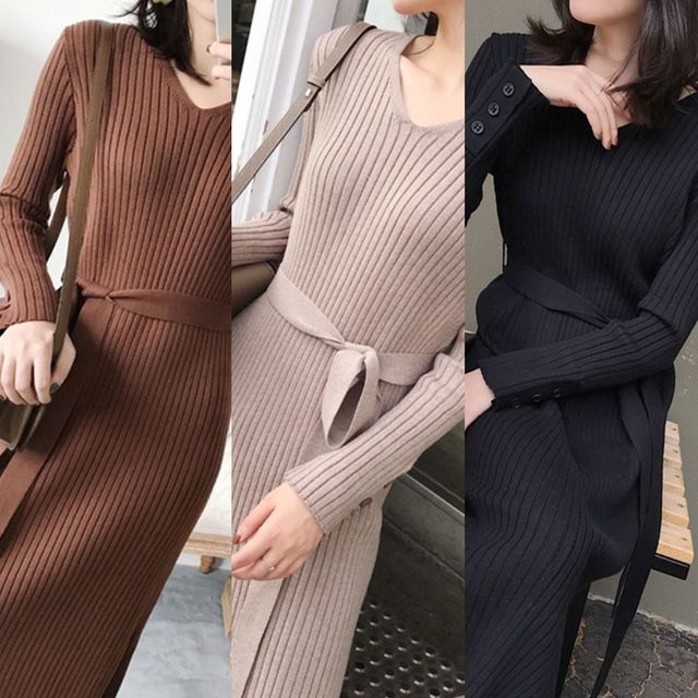 겨울 브이넥 슬림핏 니트 롱 원피스 롱치마 여성용