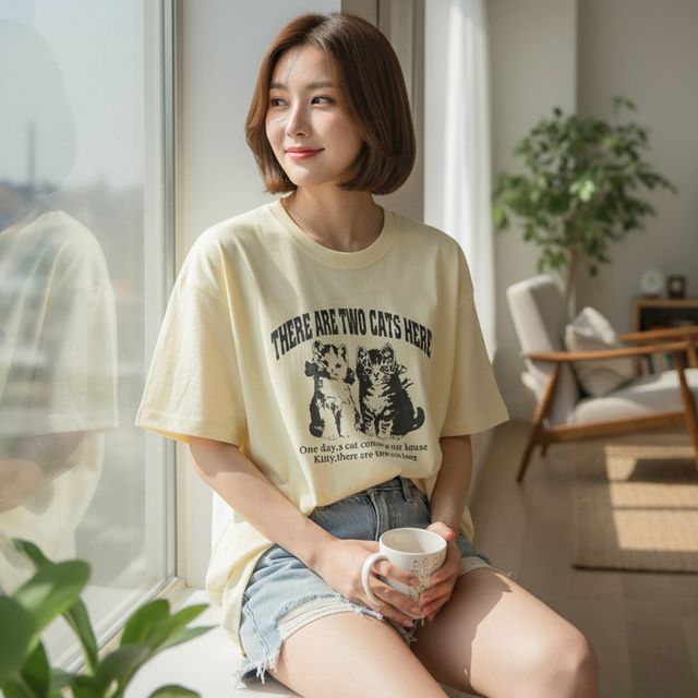 남녀 플리크 캐츠 박시한 데일리 티셔츠 SD-260410
