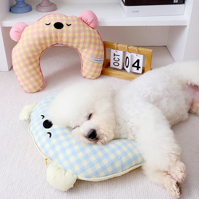 강아지 고양이 베개 체크 목 쿠션 애견용품 세탁가능