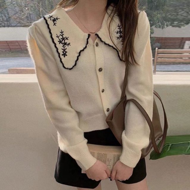 여성 넥 자수 니트 카디건 OSM-1006814