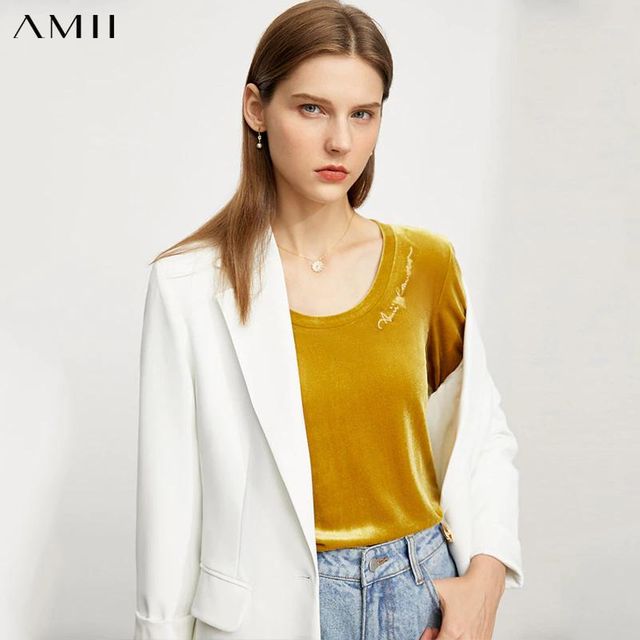 [해외] Amii 미니멀리즘 긴 소매 티셔츠 여성 패션 편지 자수
