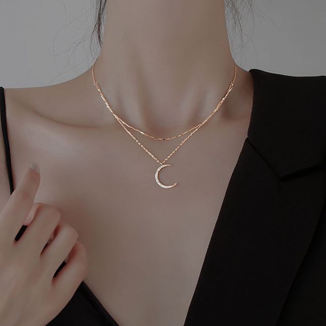 2줄 믹스체인 C목걸이 초승달 모양 팬던트 목걸이