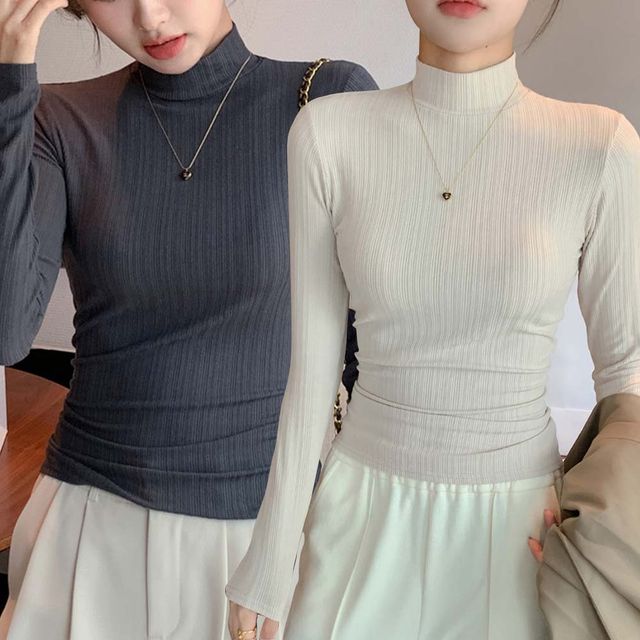 여자 골지 반목 슬림핏 긴팔 티셔츠 URK-1004044