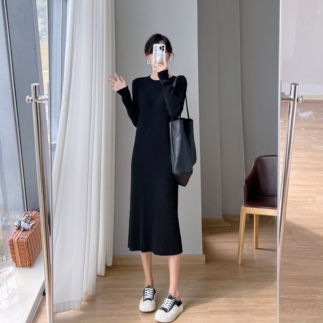 골지 라운드넥 니트 롱 원피스 OSM-1005955