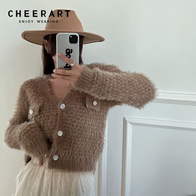 [해외] CHEERART Mohair 겨울 갈색 자른 카디건 스웨터 여성