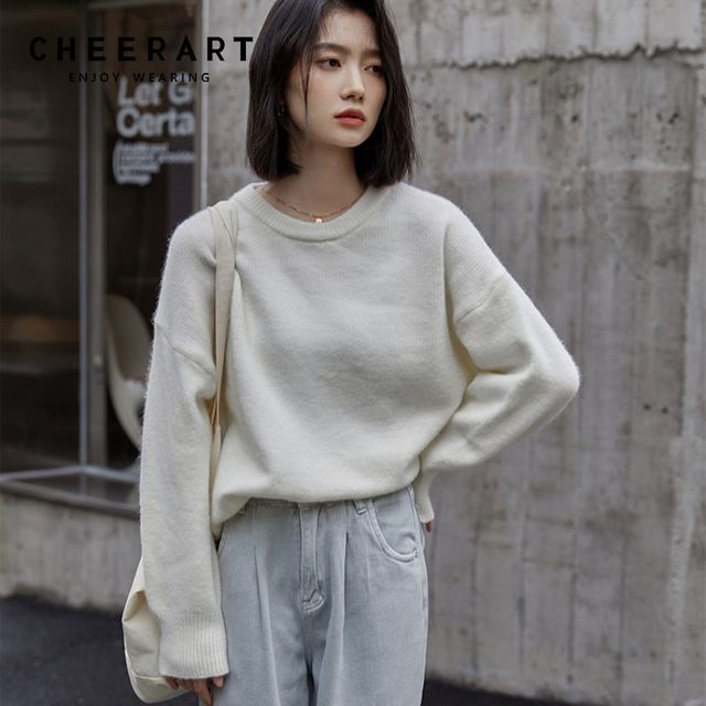 [해외] 치어라 겨울 흰 풀오버 니트 스웨터 한국 패션 Crewne