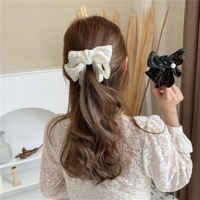 체크리본 진주 바나나클립핀 ELH-053