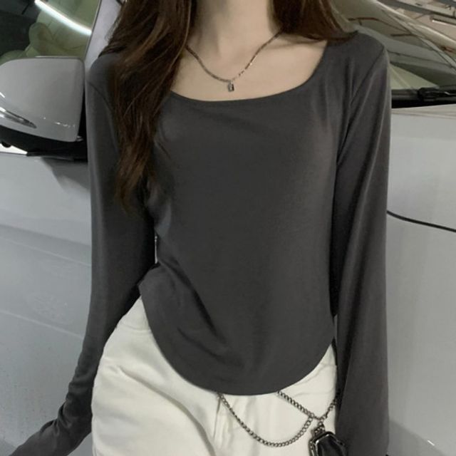 스퀘어넥 언발 슬림 여성 티셔츠 기본티 저지원단