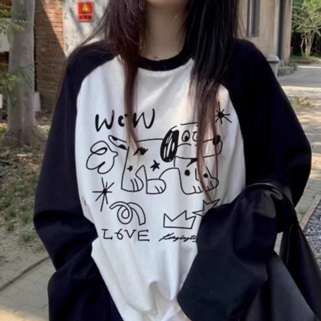 강아지 프린트 배색 긴팔 티셔츠 JSC-d0079