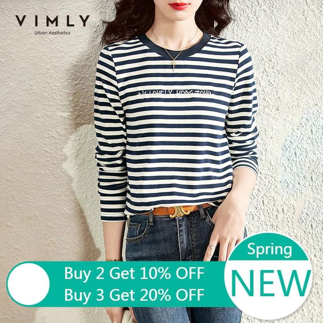 [해외] VIMLY 스트라이프 티셔츠 여성용 긴 소매 오목 목화 T