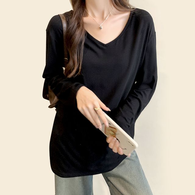 여성 롱슬리브 티셔츠 오버핏 V넥 레이어드 긴팔티