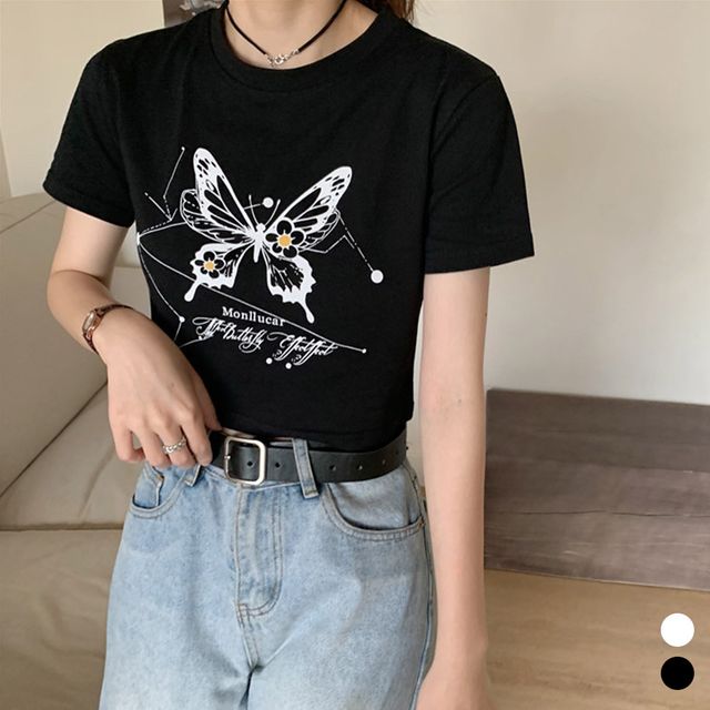 나비프린팅 크롭 반팔 티셔츠 LM-0429