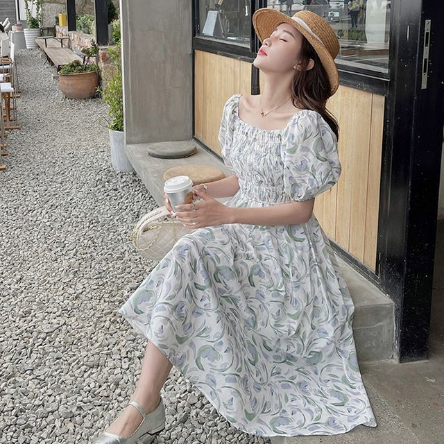 여자 스모크밴딩 플라워 퍼프 소매 원피스 URK-490