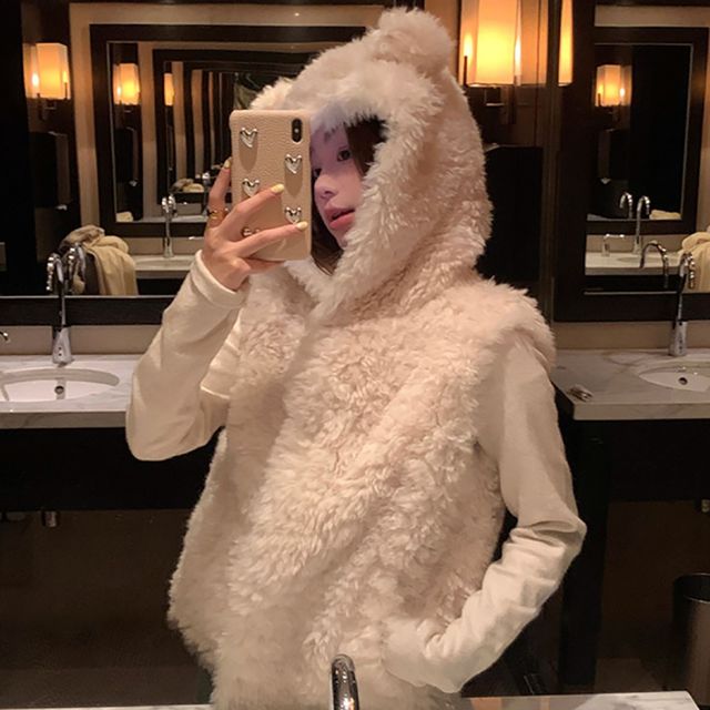 귀여운 곰돌이귀 퍼 후드베스트 조끼 NF-1004606