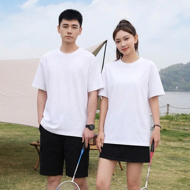 남녀공용 흰색 무지 레이어드 면 반팔 티셔츠 URK-1007201