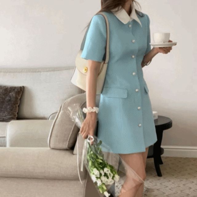 클래식 진주버튼 배색 카라 미니원피스 SNY-0031