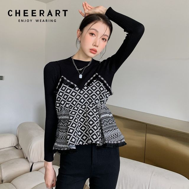 [해외] CHEERART Goth 블랙 니트 스웨터 여성용 패션 패치 워