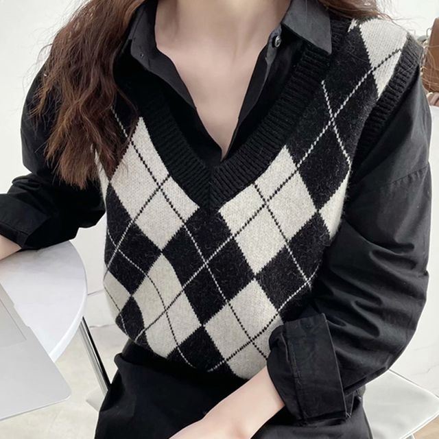 여성 보들니트 아가일패턴 체크 레이어드 체크 조끼