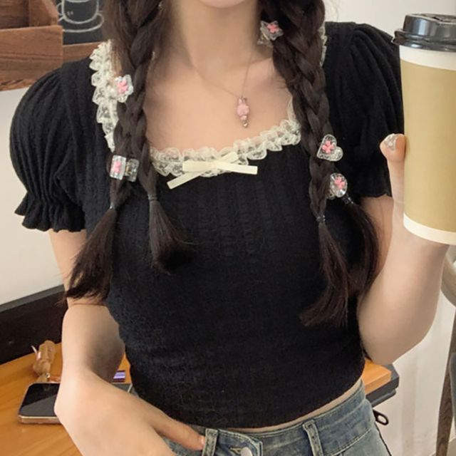 스퀘어넥 레이스 리본 퍼프소매 크롭반팔티 NF-56