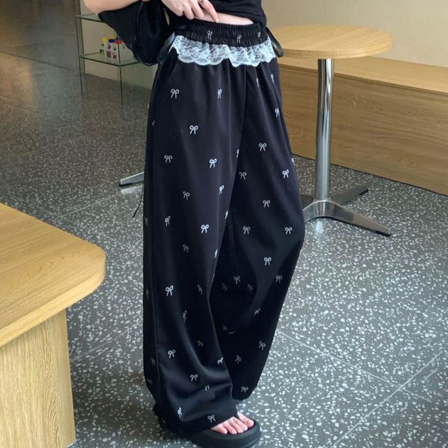 밴딩 하이웨스트 레이스 리본 패턴 와이드팬츠 NF-46